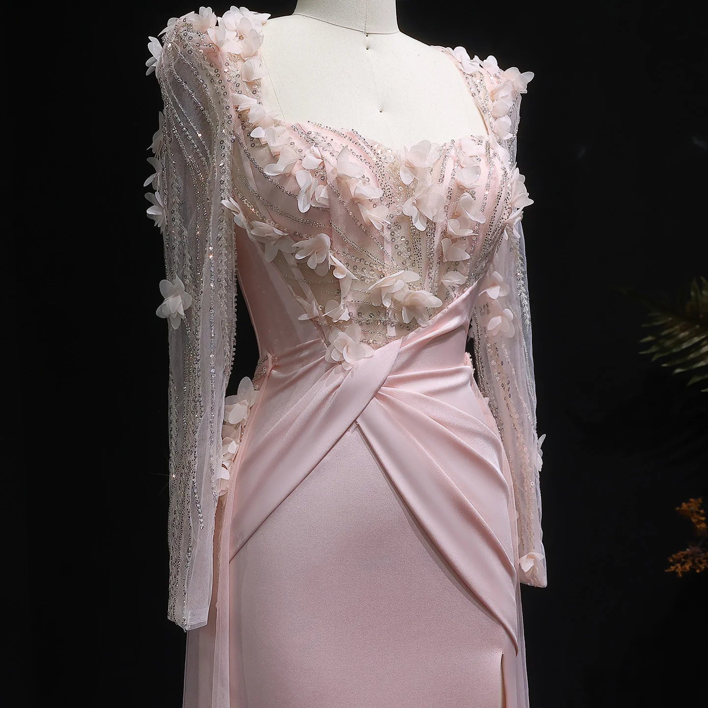 Prescila Pink Long Sleeves Mermaid With Slit 3D Flowers Evening Dress