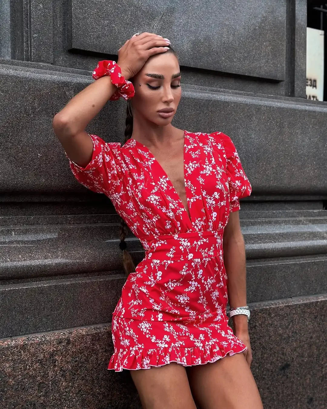 Fiona Floral Print Casual V-neck Puff Sleeve Waistband Ruffle Hem Mini Dress