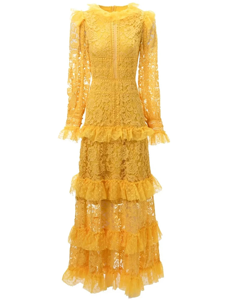Aria Maxi Dress Women O-Neck Long Sleeve Hollow Out Mesh Ruffles Vintage Party Dress