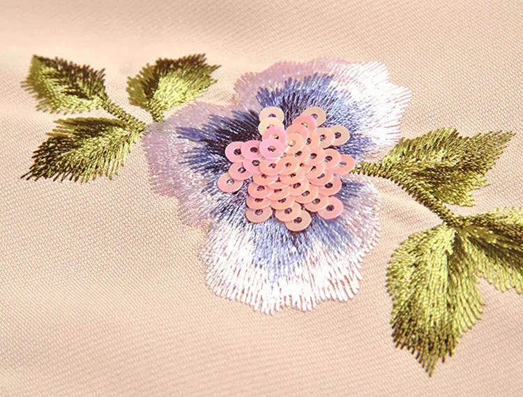 Kendall O-Neck Short Sleeve Floral Sequins Embroidery Vintage Dress