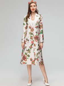 Ivory Long Sleeve Single Breasted Belt Flowers Print High Street  Trench Overcoat