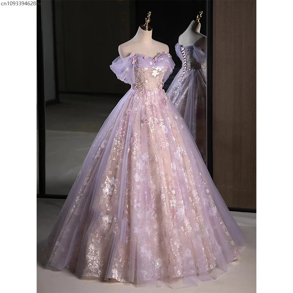 Mich Pink Purple Evening Dress Women Sweet Pleated Off The Shoulder Flower Applique Prom Gown Sequins A-Line Vestido