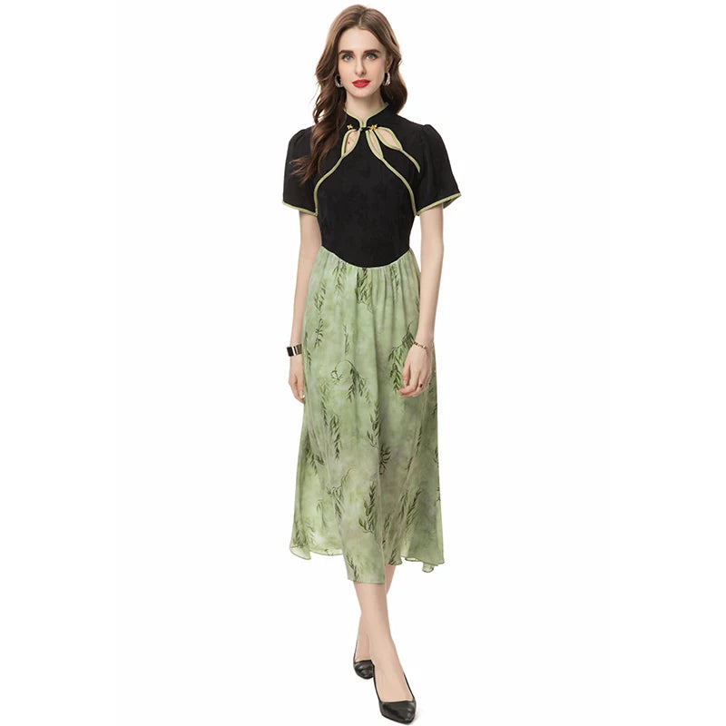 Bernadette Stand-Neck Short Sleeved Button Leaf Printing Casual  Dress