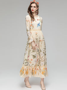 Aniya O-Neck Flare Sleeve Crystal Beading Flowers Print Vintage Party Long Dress