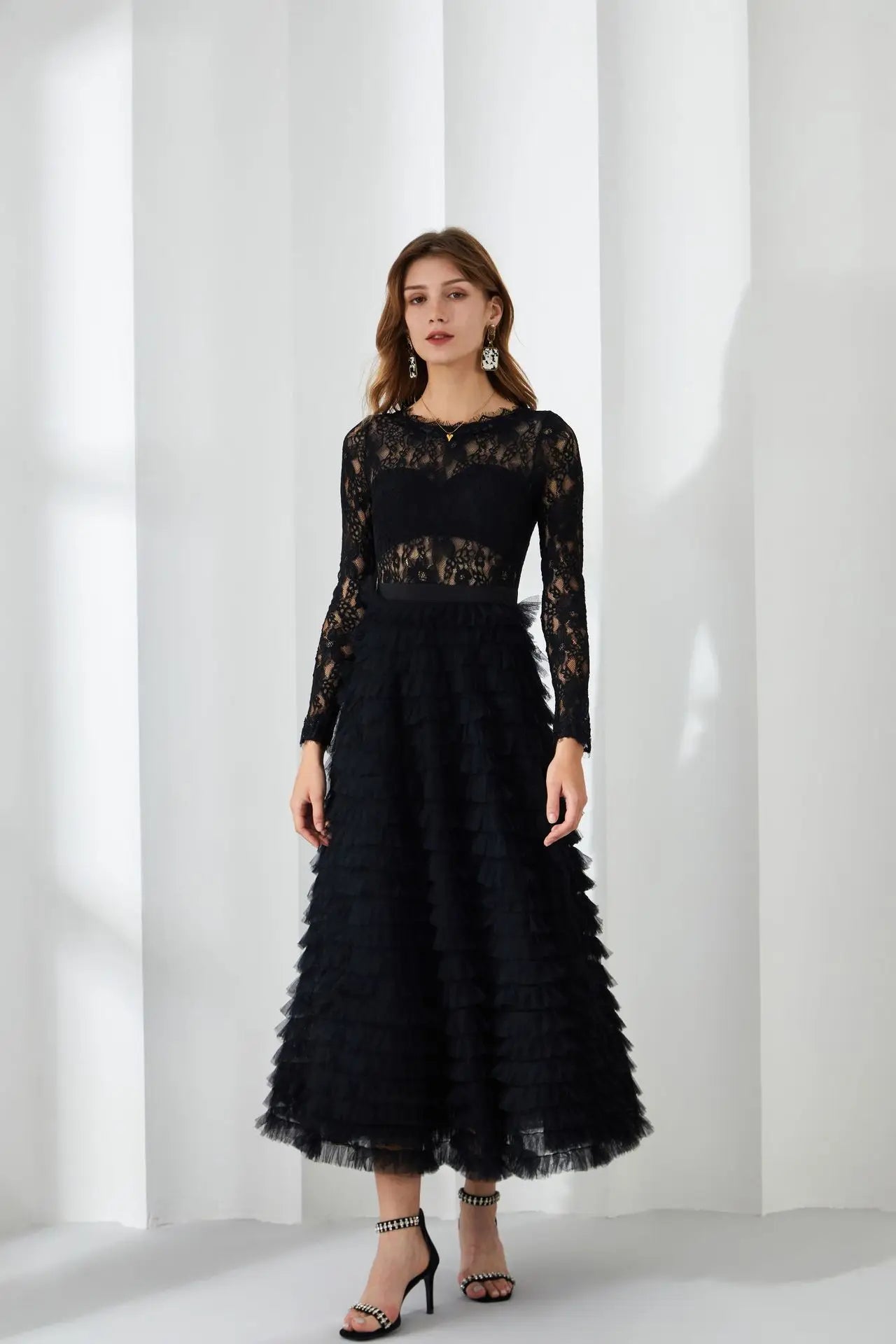 Lydia  Hollow Lace Spliced Round Neck High Waist Long Sleeve Elegant Dress