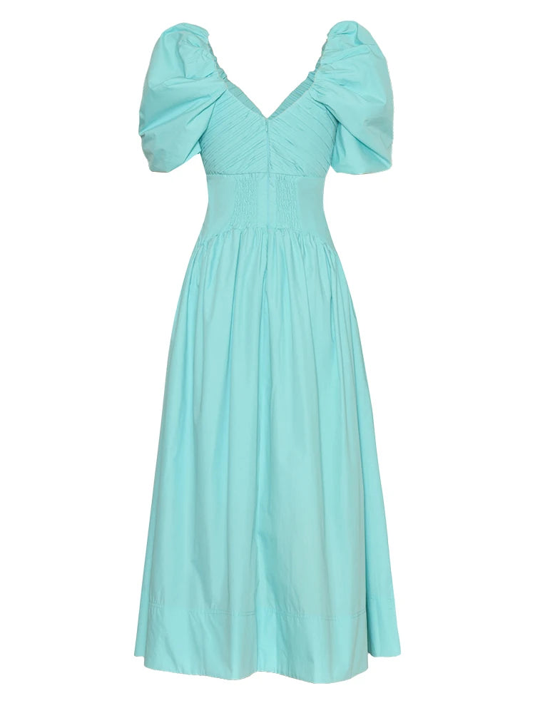 Rae V-Neck Puff Sleeve Ruched Backless Elastic Waist Long Dress