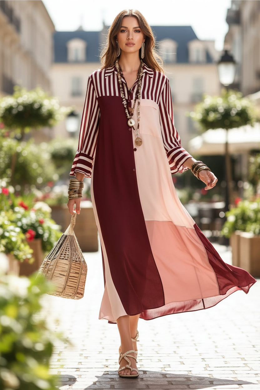 Jessa Elegant Striped Patchwork Loose Shirt Dress