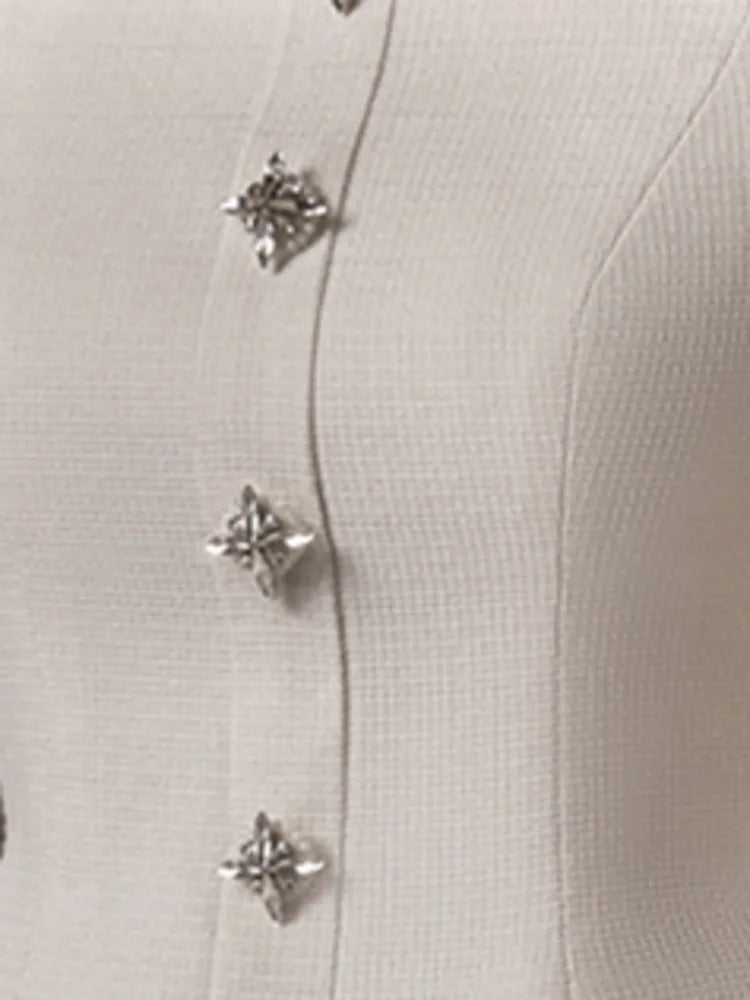 Rhinestone  Button Strapless 2 Pcs Set Long Sleeve Top Waist Loose A Line Skirt Suit