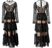 Load image into Gallery viewer, Leilany Autumn Lace O-Neck Long Sleeve Hollow Out Mesh Patchwork Vintage Long Dress