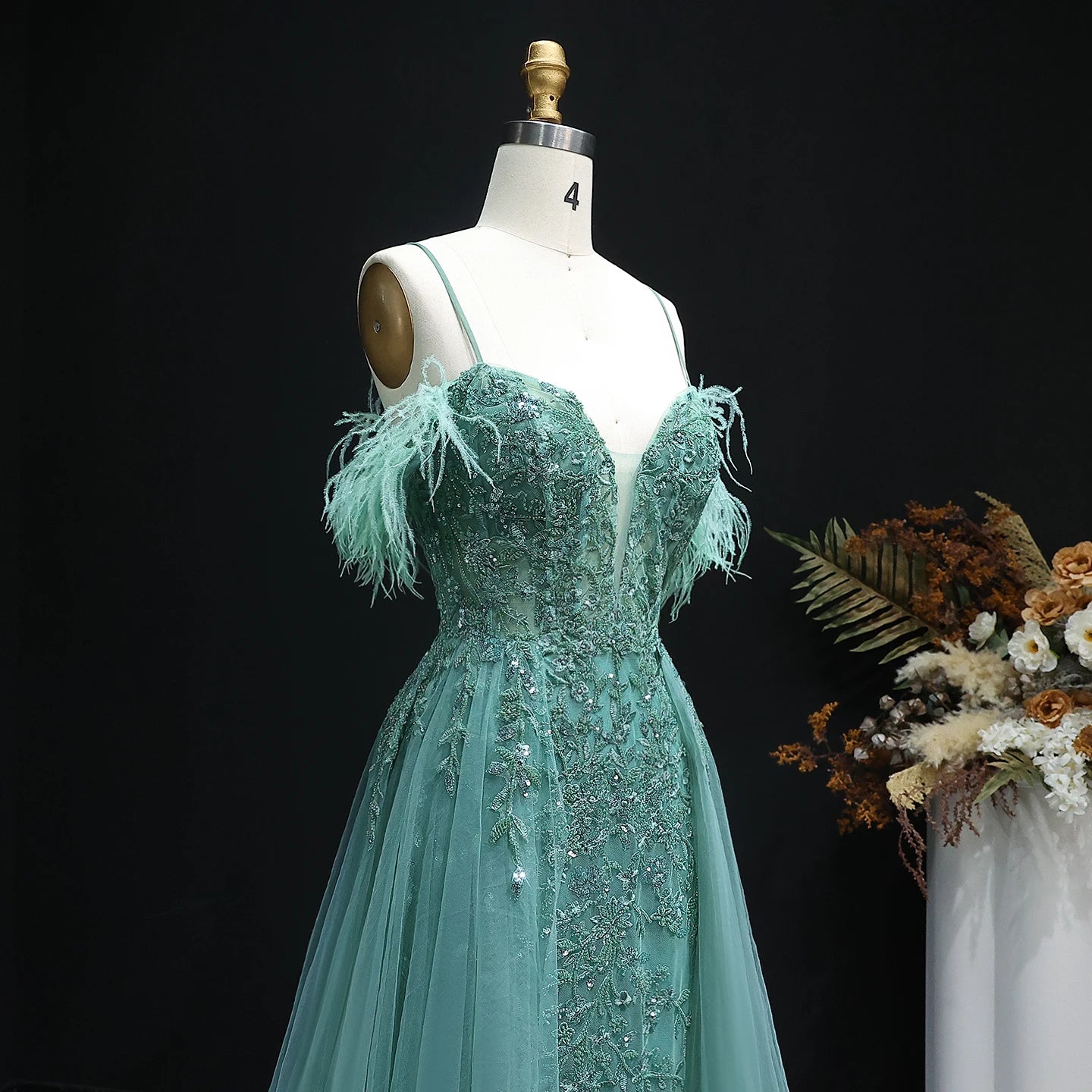 Maria Tulle A-Line Long Feather Off Shoulder Prom Dress