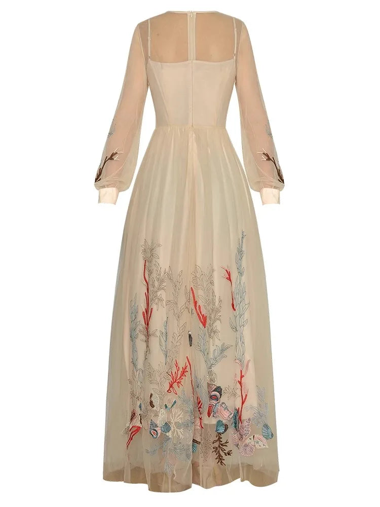 Aila O-Neck Lantern Sleeve Floral Embroidery Elegant Party Mesh Dress