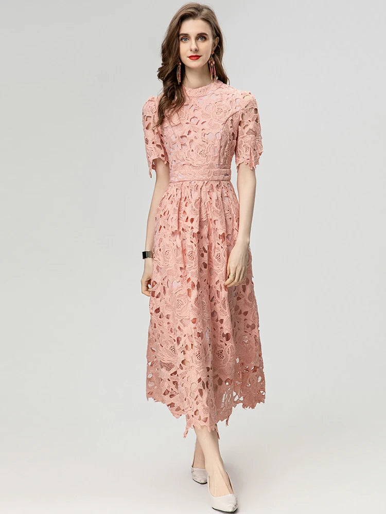 Asha  Stand Collar Short Sleeve Hollow Out Water-Soluble Flower Dress