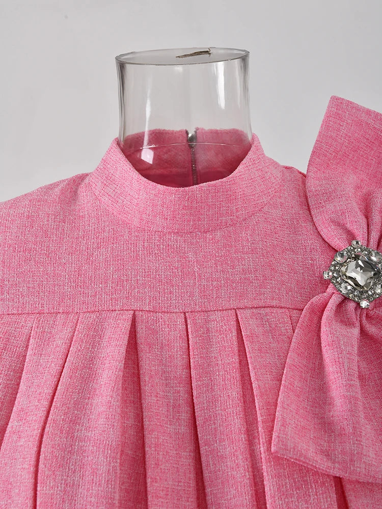 Gail  Tassels Hem and  Diamonds Three-dimensional Bow Spliced Top High Waist Skirt  Vintage Tweed Two Piece Set