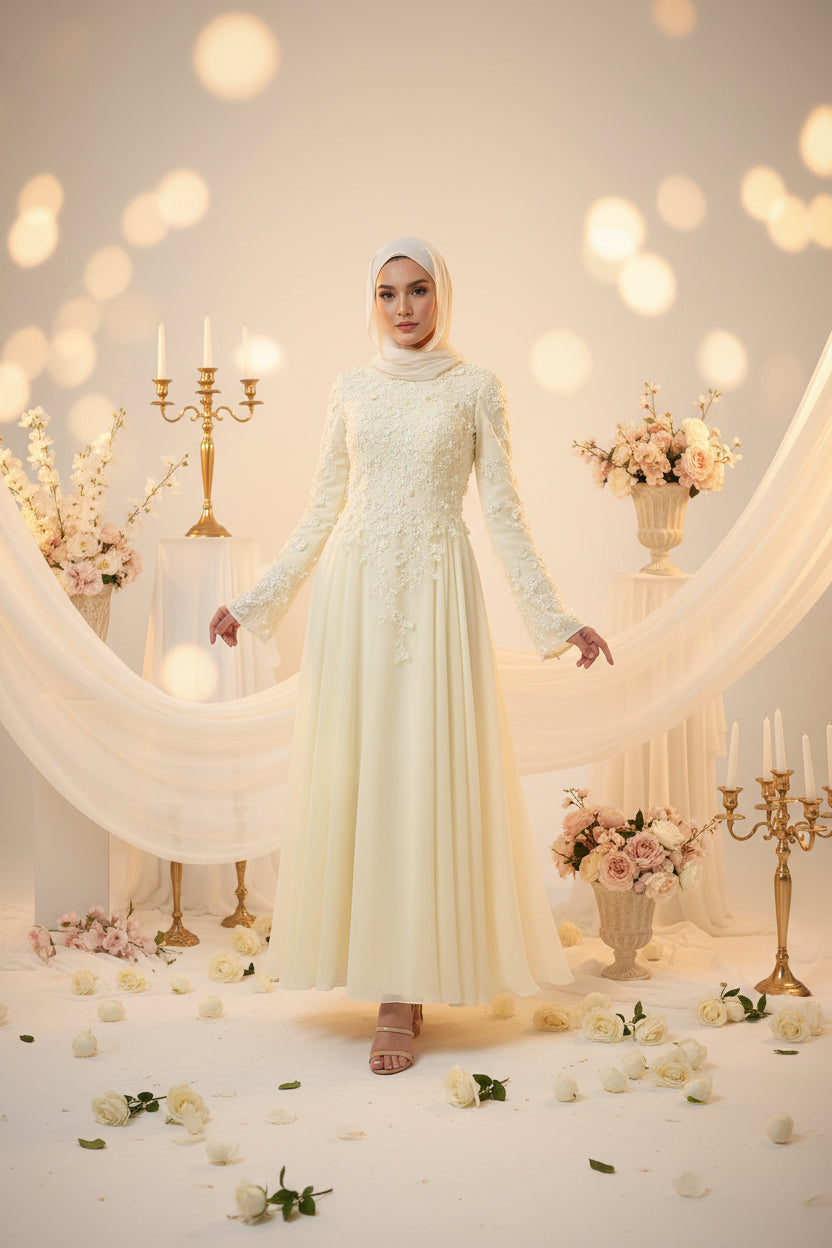 Gaia Luxury Yellow Crepe Evening Dress Appliques O Neck Full Sleeves A Line Prom Dress