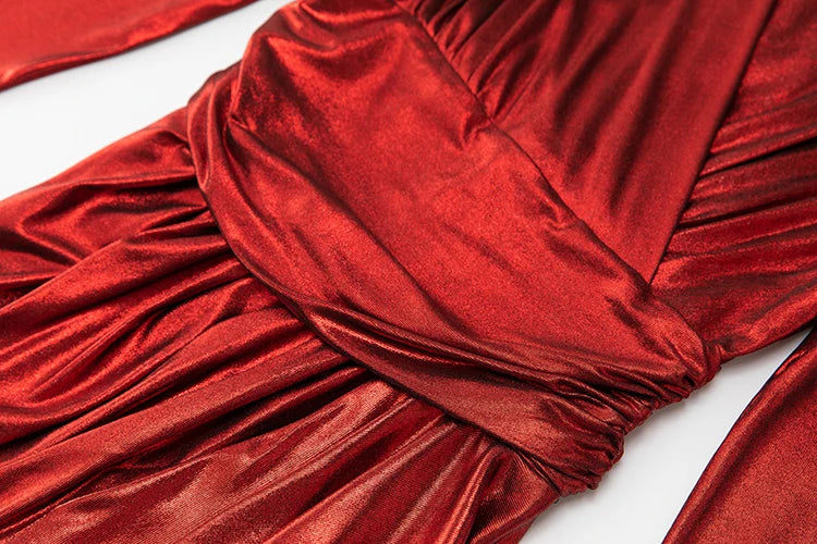 Blake Red Vintage V Neck Ruffles High Waist Slit Slim Long Dress