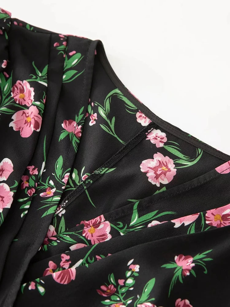 Zia V-Ausschnitt Langarm Rüschen Blumendruck Elegantes Partykleid