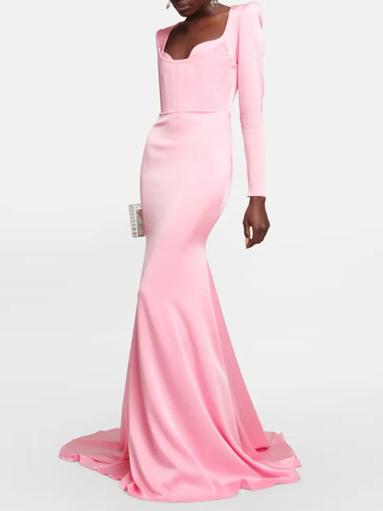 Myrtle Pink Trumpet Floor-length Long Sleeve Slim Dress