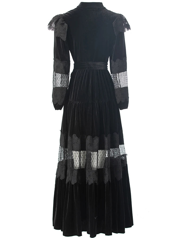 Kamari Stand Collar Lantern Sleeved High Waist Lace-Up Vintage Evening Dress