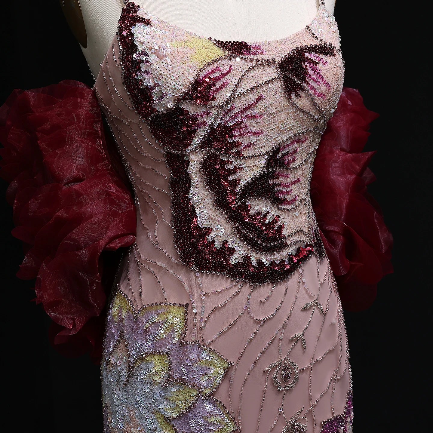 Jerfel Pink Floral Beaded Evening Dress with Burgundy Shawl Cape