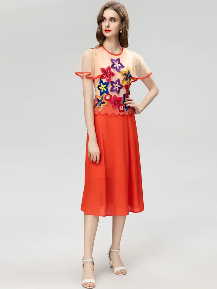 Brynn Short sleeved Mesh Embroidered Sequin Patchwork Slim Elegant New Dress
