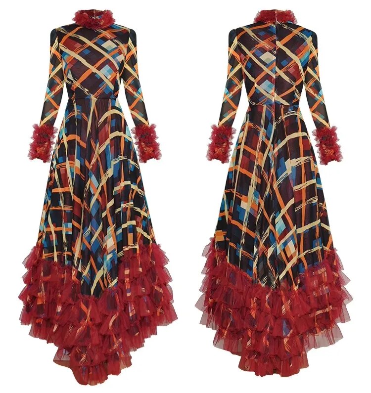 Aliza Stand Collar Long Sleeve Plaid Print Mesh Ruffle Elegant Party Asymmetrical Dress