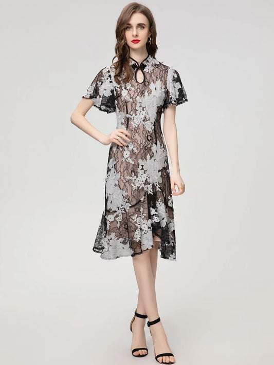 Rhea Lace  Stand Collar Butterfly Sleeve Flowers Embroidery Chinese Style Dress