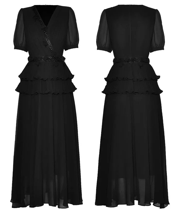 Halimah  V-Neck Short Sleeves Beading Ruffles Black Vintage Party Dress