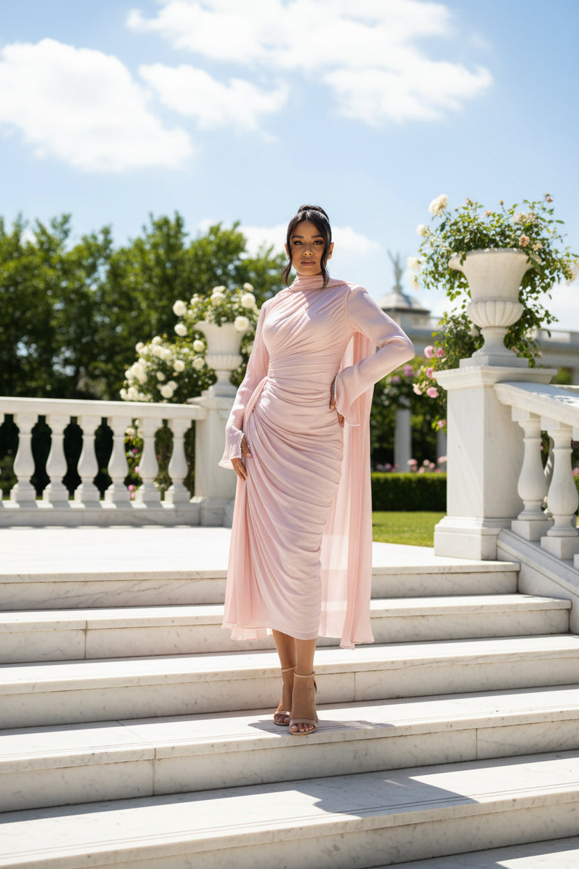Elliebelle Pearls Evening Dress O Neck Full Sleeves Formal Occasion Pleat Prom Gown