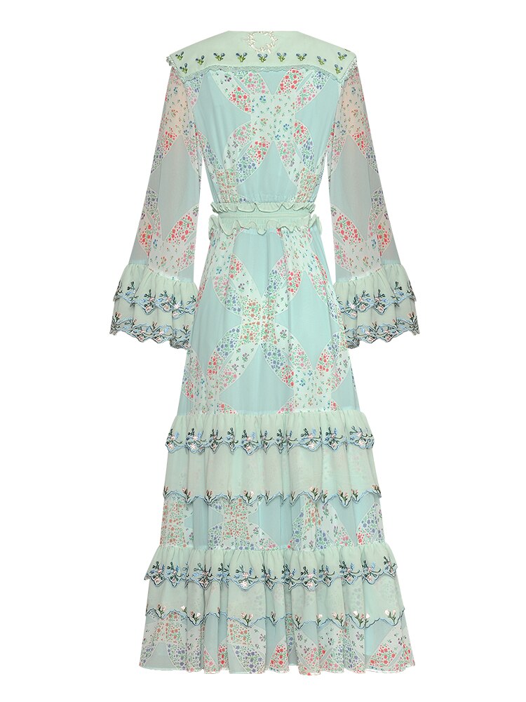 Lakeisha V-Neck Flare Sleeve Flower Ruffles Vintage Dress