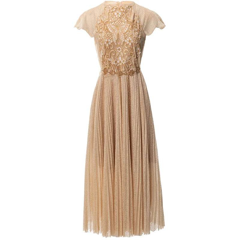 Esmeralda Embroidery Metal Sashes Vintage Pleated Dress – VanillaStyle