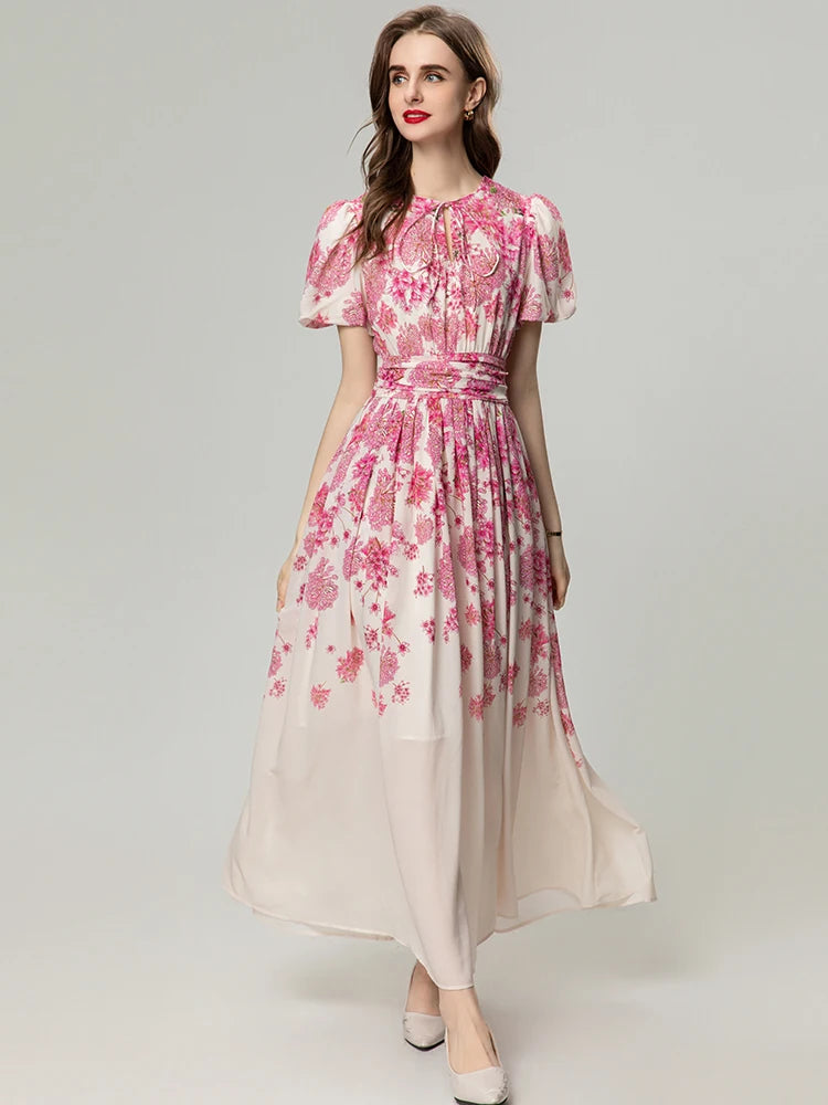 Imogen O-Neck Short Sleeve Floral Print Folds Elegant Bohemian Long Dress