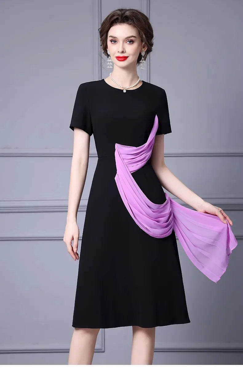 Ivana Short sleeve Pleats Ribbon Patchwork Black Dress