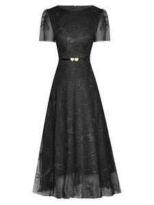 Scottie O-Neck Short Sleeve Belt Mesh Embroidery Floral Vintage Midi Dress