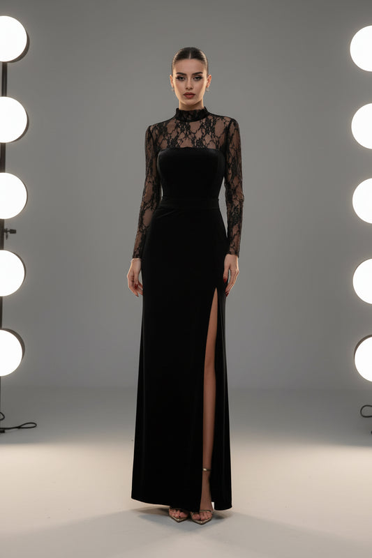 Becca Black Velvet Party Dress Long Lace Prom Gown
