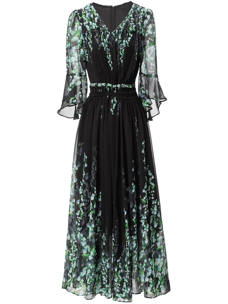 Ari V-Neck Flare Sleeve Flower Print  Elegant Party Long Dress