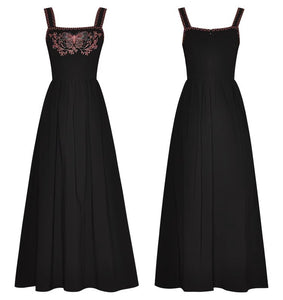 Emiliano  Strap Sleeveless Butterfly Embroidery High Waist Black Vintage Dress