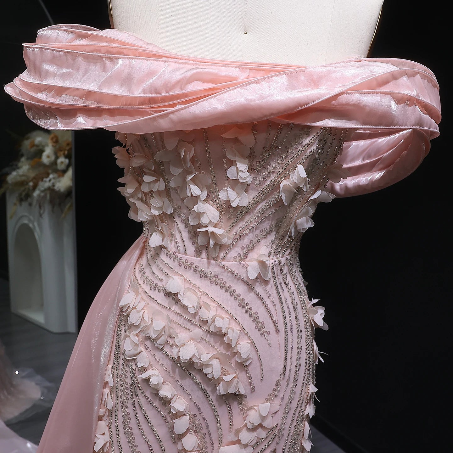 Peony Pink Off Shoulder with 3D Floral Appliques Evening Dress