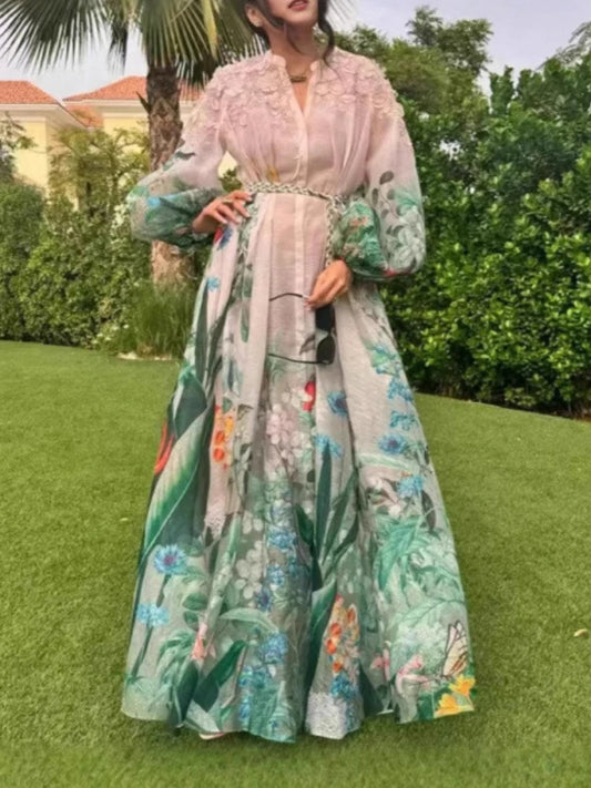 Maxine V Neck Lantern Sleeve High Waist Spliced Lace Up Maxi Dress