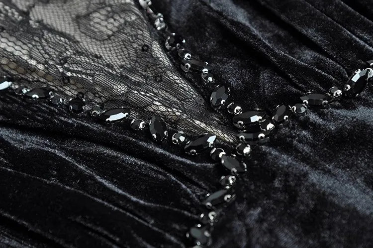 Selene Velvet  Crystal Diamonds Elastic Waist Vintage Dress