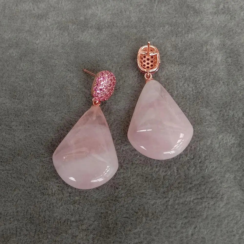 Fuchsia  Natural Rose Quartz Fan shape Drop Stud Earrings Gemstone Stud Earrings
