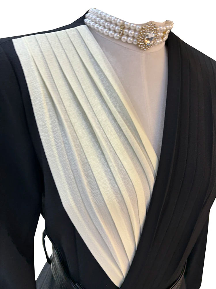 Marigold Irregular V Neck Patchwork A-Line Tie-belted Elegant Midi Dress