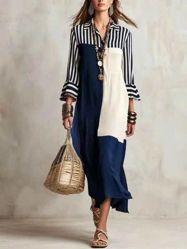 Jessa Elegant Striped Patchwork Loose Shirt Dress