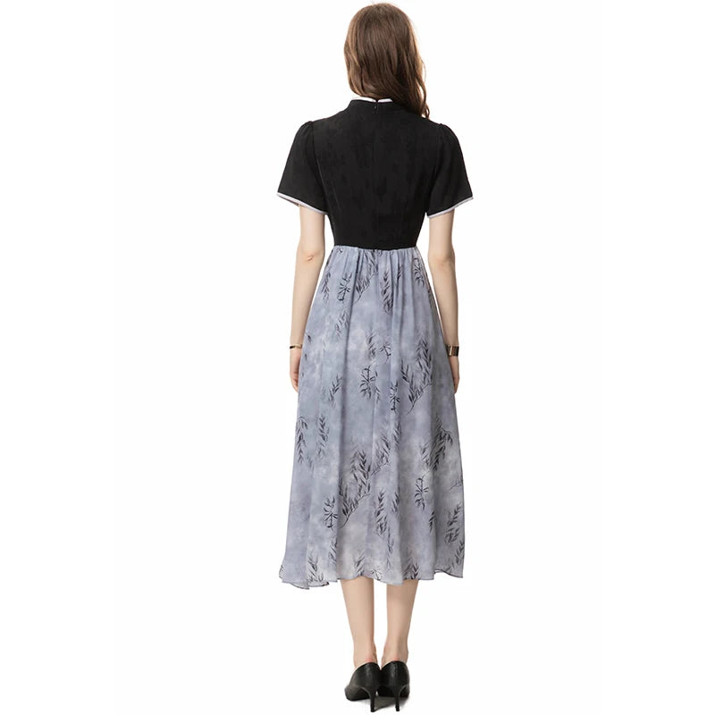 Bernadette Stand-Neck Short Sleeved Button Leaf Printing Casual  Dress