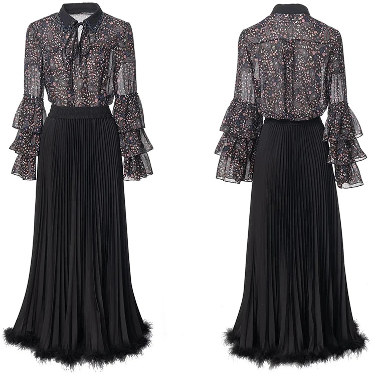 Angela Beading Ruffles Long Sleeve Print Tops +Feathers Pleated Skirt Vintage Two Pieces Set