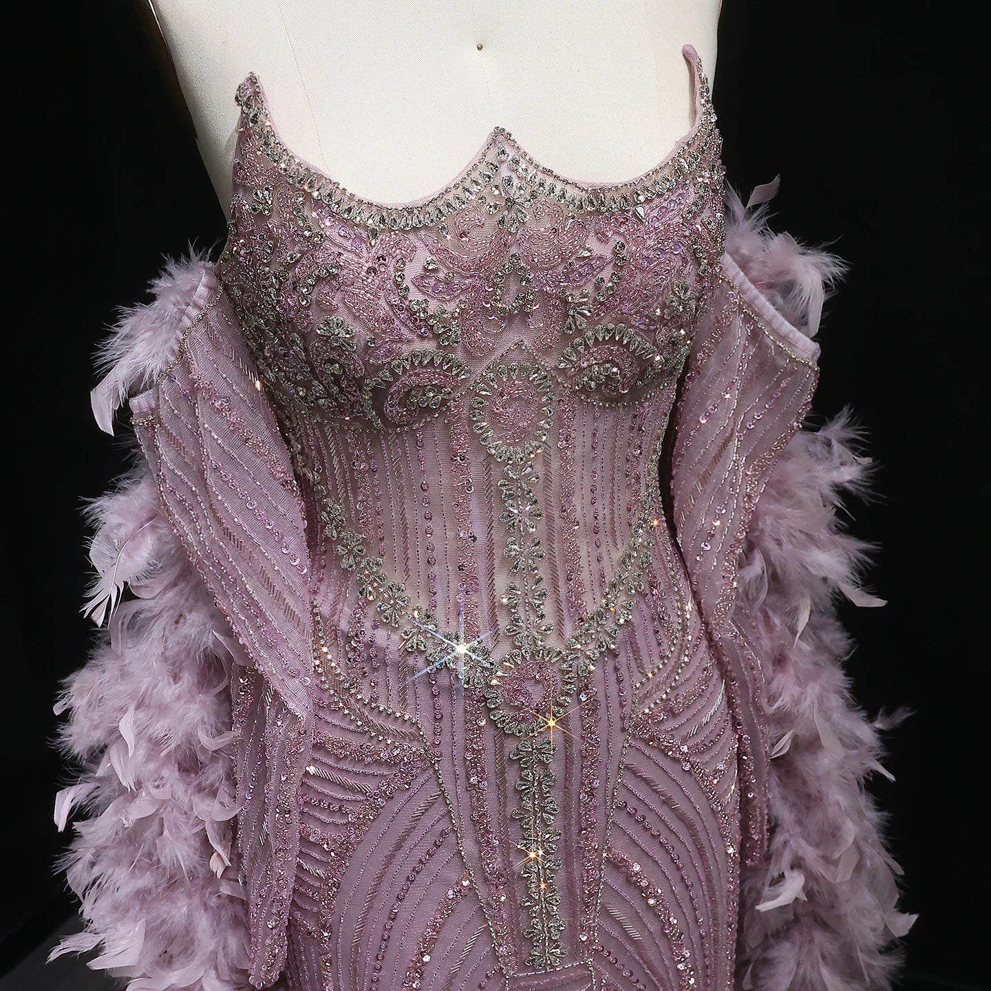 Sarah Off-Shoulder Evening Dress with Feathers Beaded Long Slit Gown