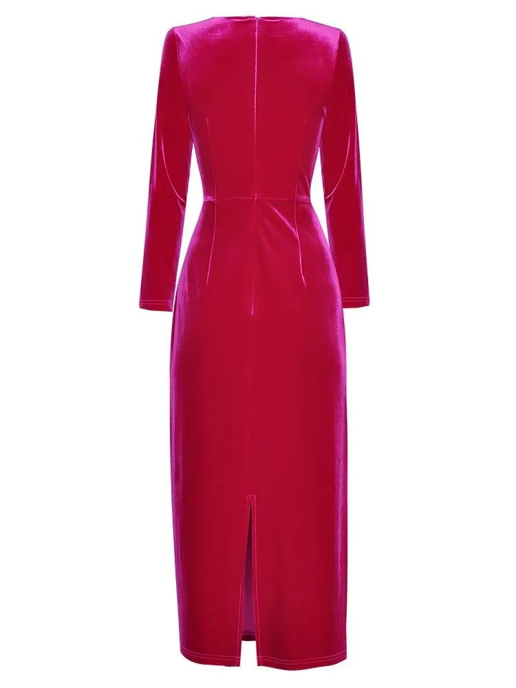 Trish Velvet Bleistiftkleid Damen O-Ausschnitt Langarm Drapiertes Einfarbiges Vintage-Kleid