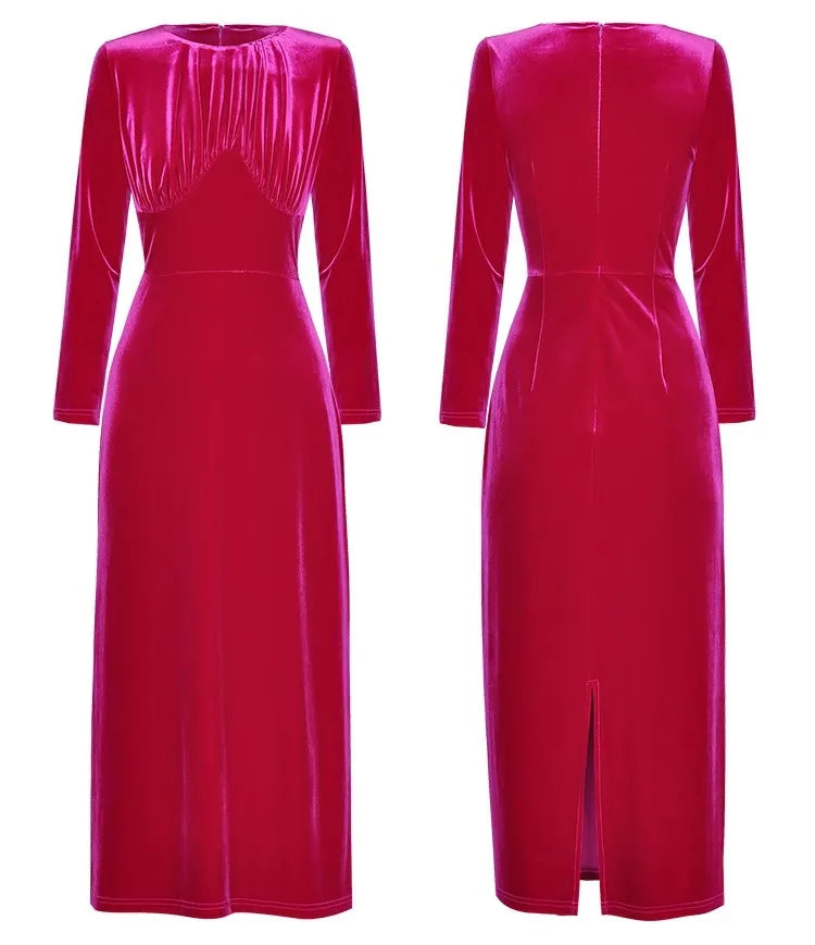 Trish Velvet Pencil Dress Women O-Neck Long Sleeve Draped Solid Color Vintage Dress