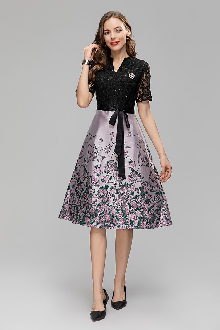 Ava V-Neck Brooch Sequins Lace Embroidery Frenulum Jacquard Midi Dress