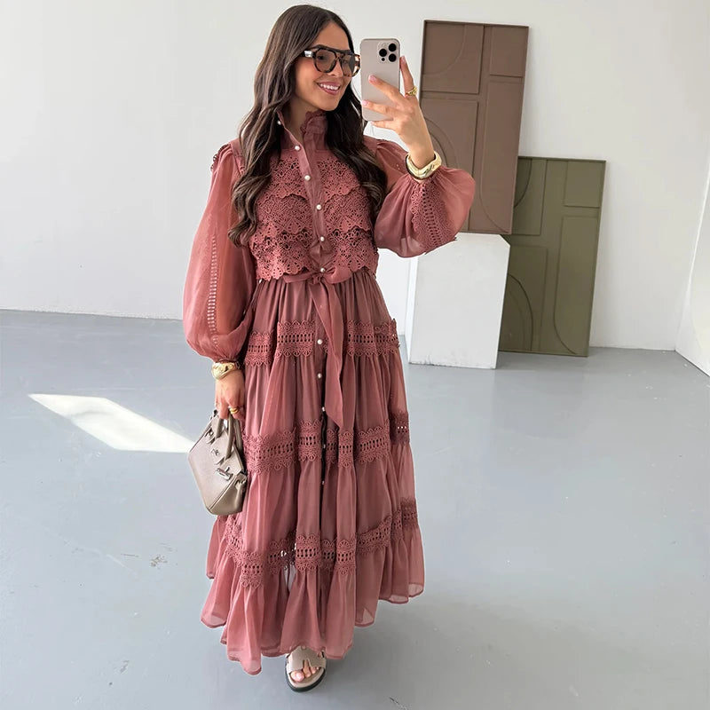 Elizabeth Hollow Out Long Lantern Sleeves Lace Up Pearl Single Breasted Dress