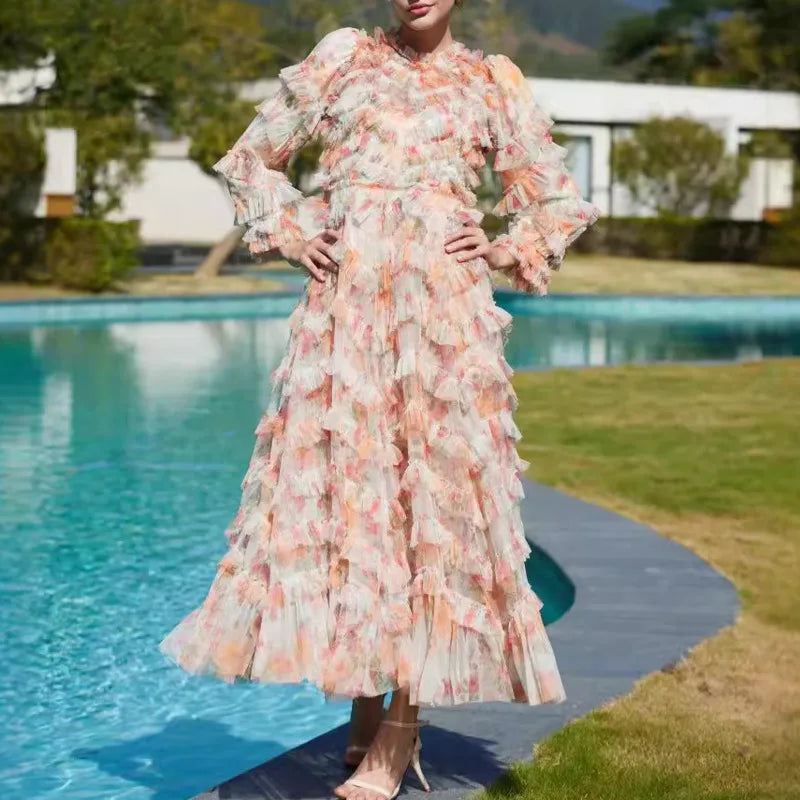 Athena Elegant Flower Print Embroidery Dress